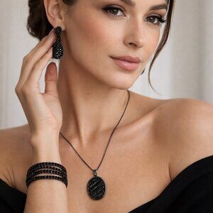 Stephan & Co. Black Jewelry Set - Necklace Earrings Cuff Bracelet Rhinestones